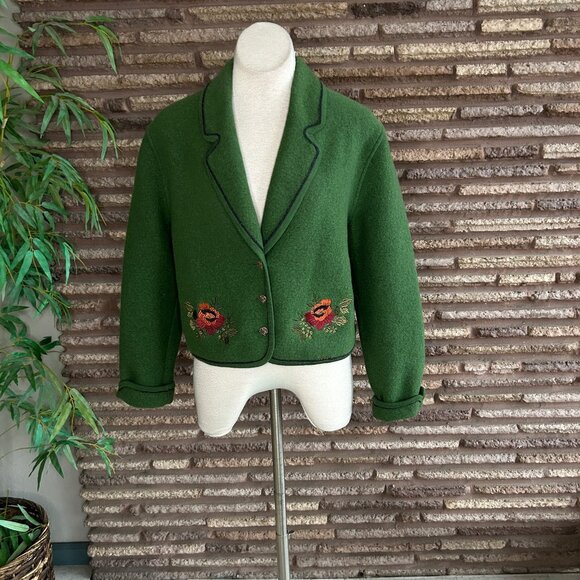 Geiger Green Boiled Wool Jacket Tyrolean Embroidered Floral Size 40 - Picture 11 of 11